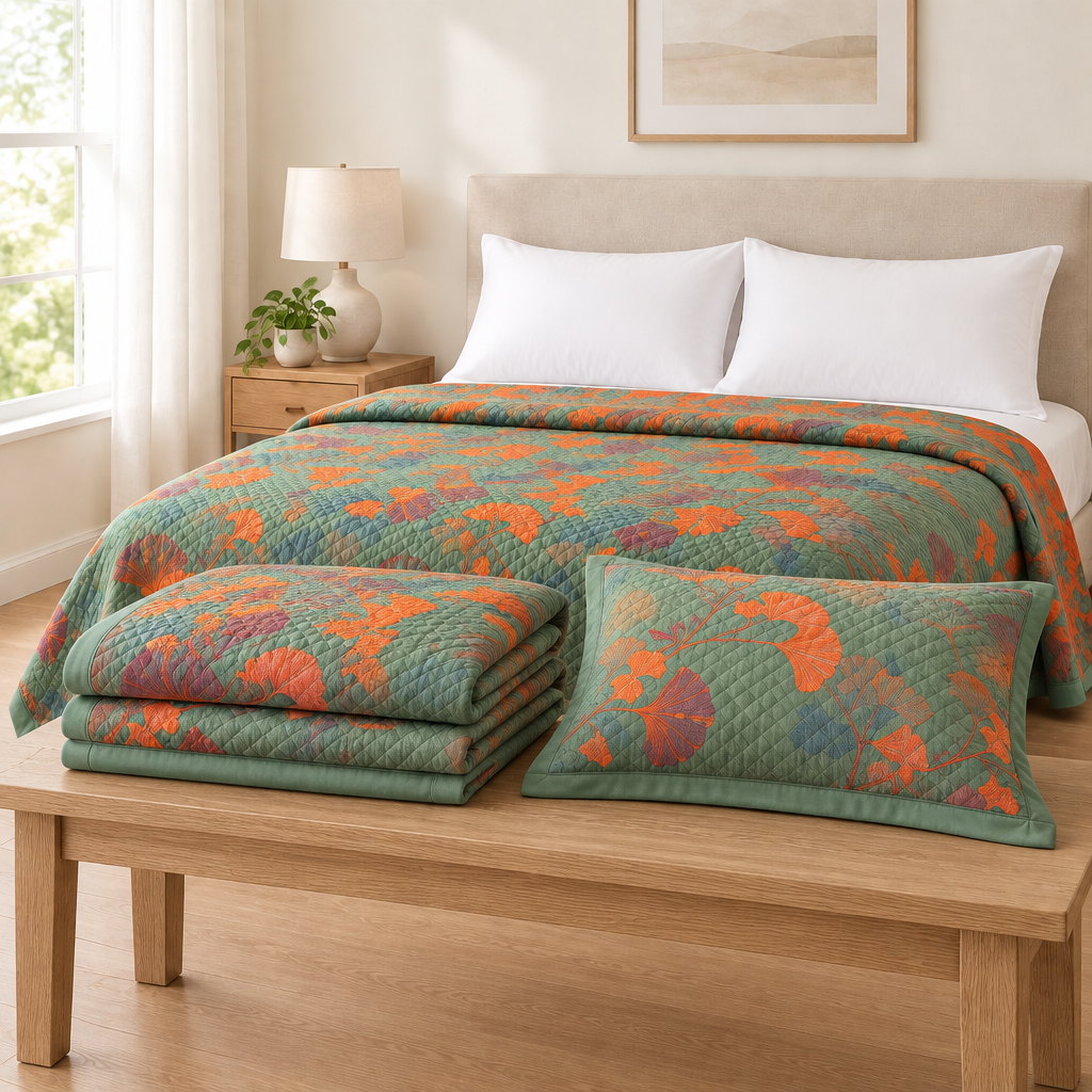 Ginkgo Orange Leaf Floral Pattern Coverlet – folded on a bench with a matching pillowcase