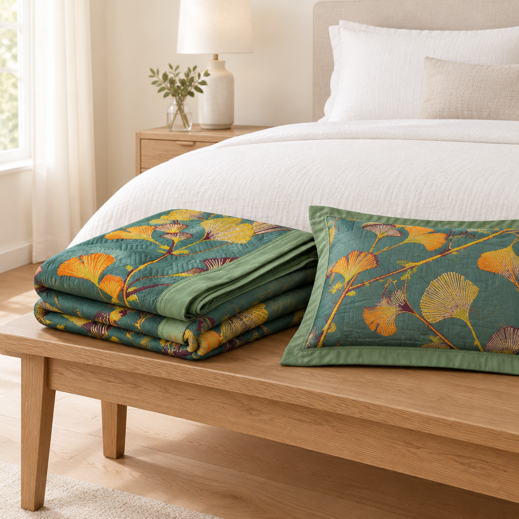 Jacquard Floral Ginkgo Leaves Reversible Coverlet – folded on a bench with a matching pillowcase