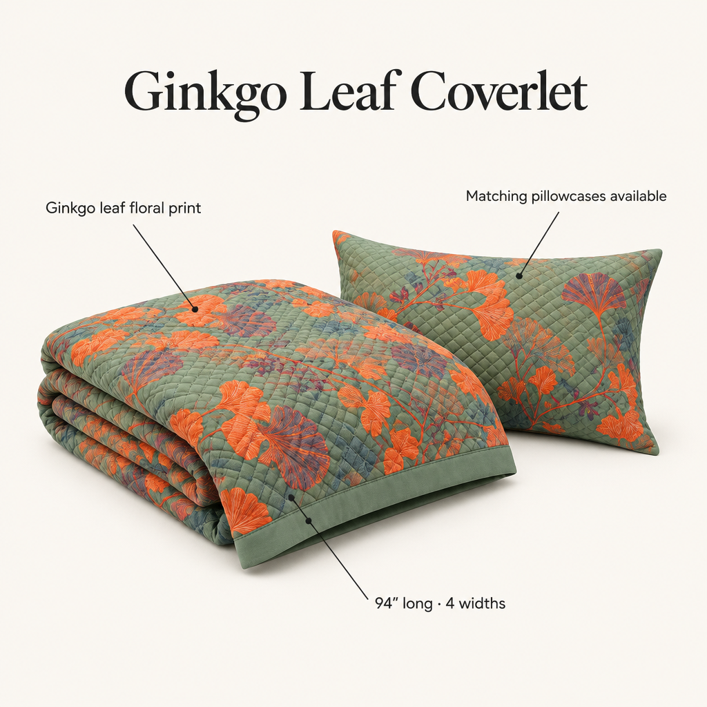Ginkgo Orange Leaf Floral Pattern Coverlet – feature image: ginkgo leaf floral print, matching pillowcases available, 94 inches long in 4 widths