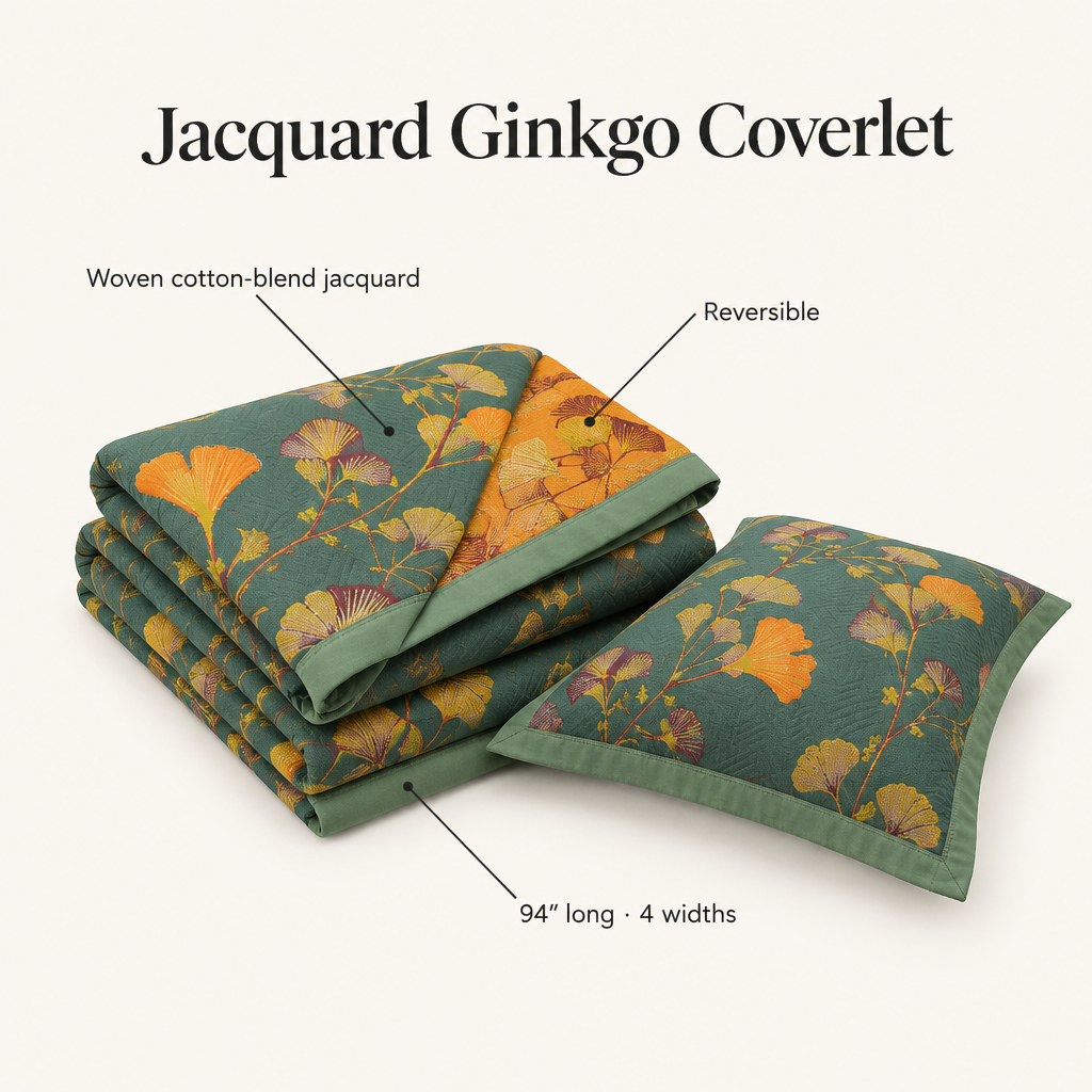 Jacquard Floral Ginkgo Leaves Reversible Coverlet – feature image: woven cotton-blend jacquard, reversible, 94 inches long in 4 widths