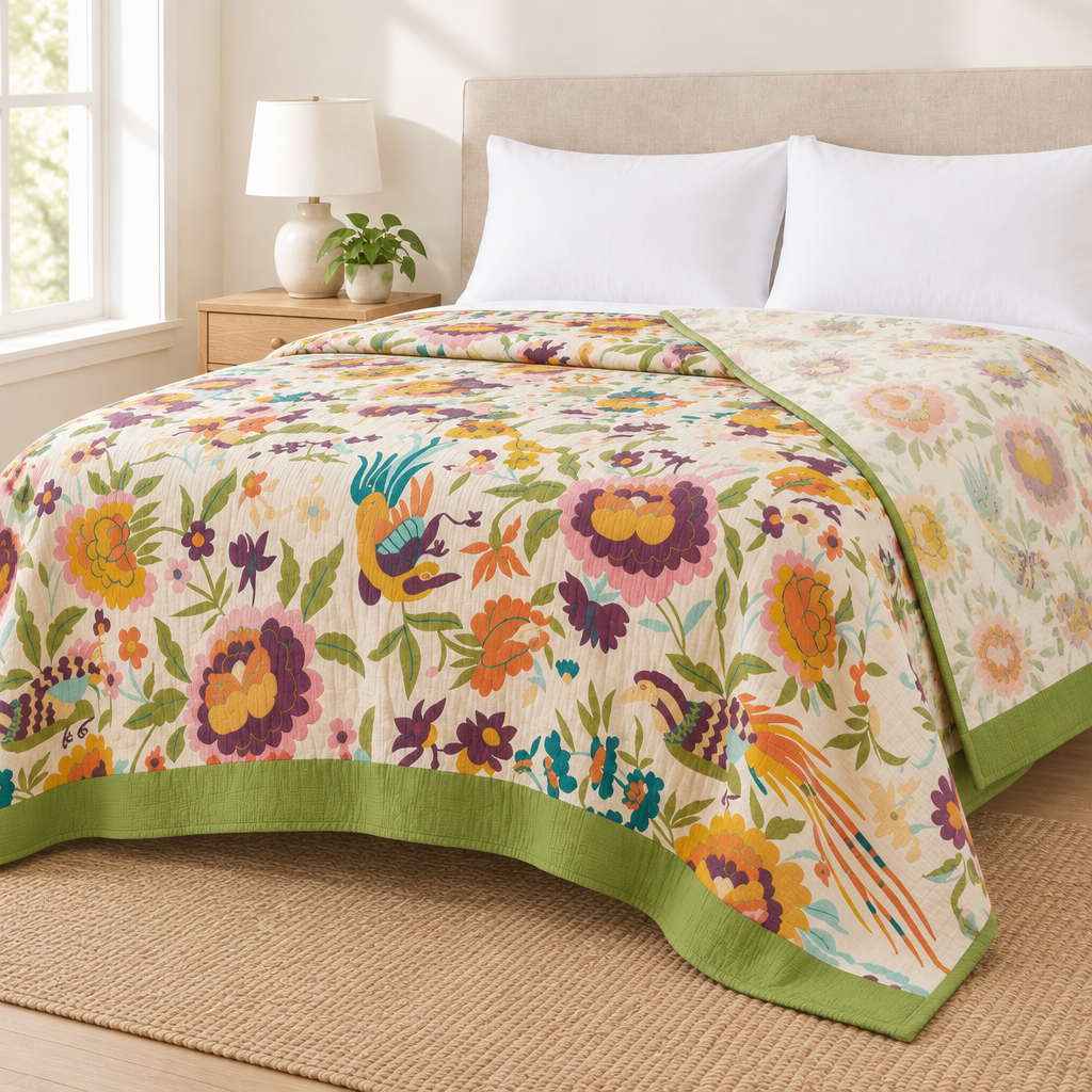 Soft Blossom Breeze Coverlet – folded back to show the reversible side