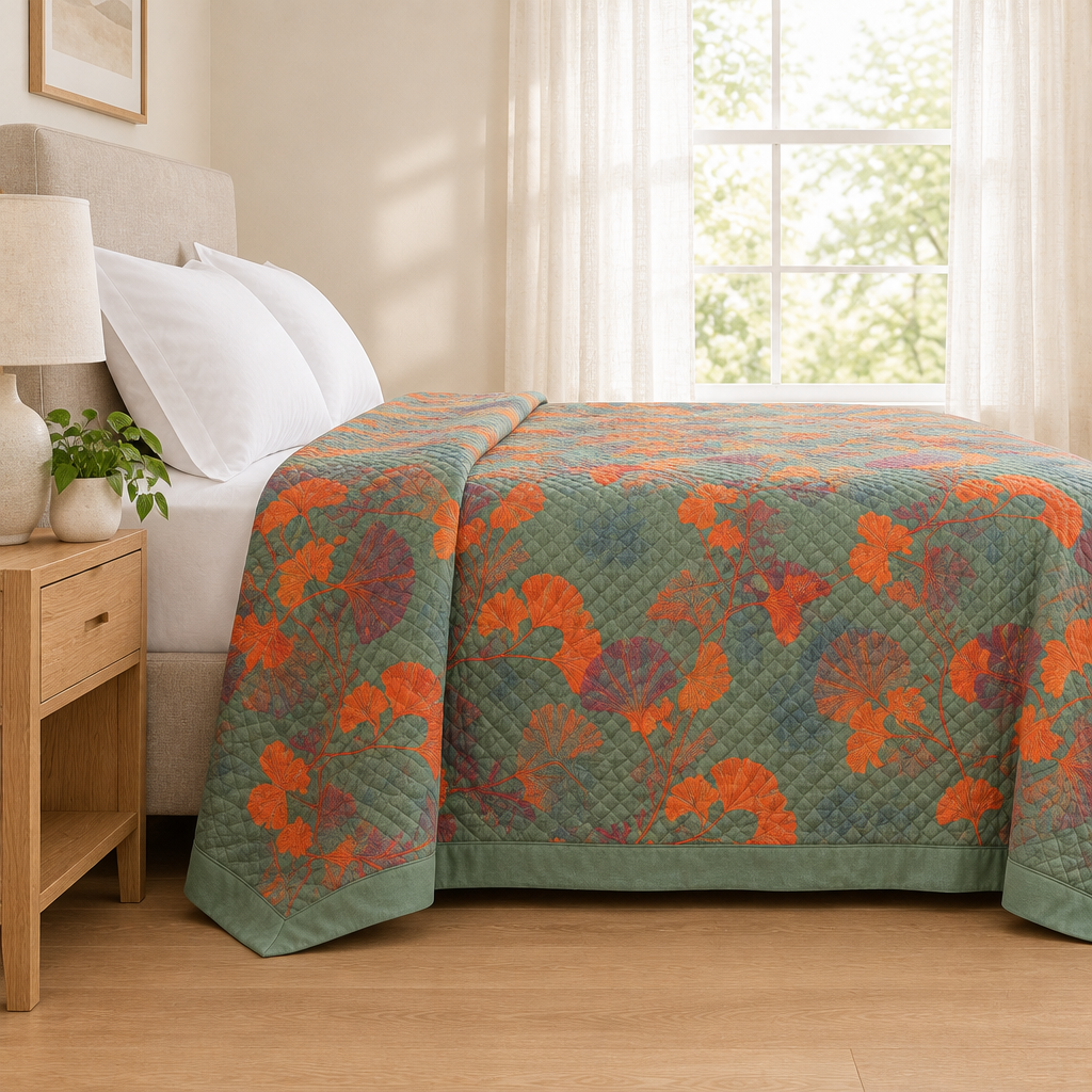 Ginkgo Orange Leaf Floral Pattern Coverlet – side view showing the drape and border over the bed edge