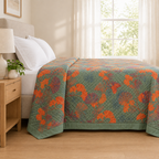 Ginkgo Orange Leaf Floral Pattern Coverlet – side view showing the drape and border over the bed edge