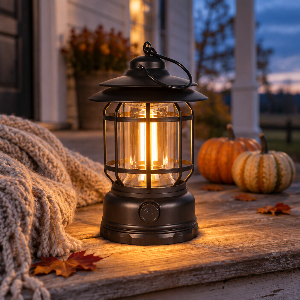 Matte Black vintage lantern glowing on an autumn front porch step beside a knit throw and pumpkins