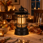 Vintage LED lantern as a dinner table centrepiece, dimmed low for an autumn dinner party