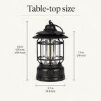 Lantern dimensions: 9.8 in tall with hook, 7.5 in body, 3.7 in base