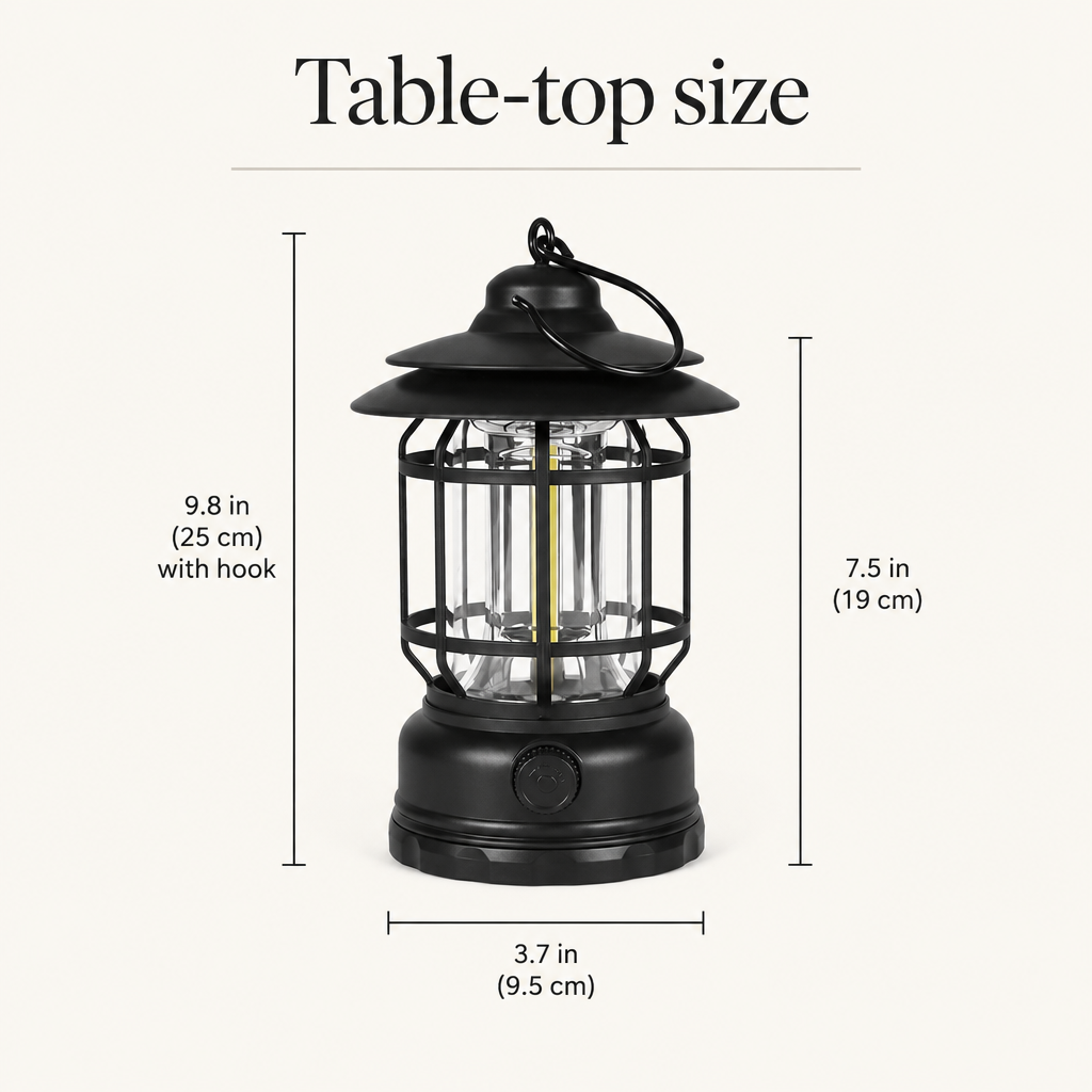Lantern dimensions: 9.8 in tall with hook, 7.5 in body, 3.7 in base