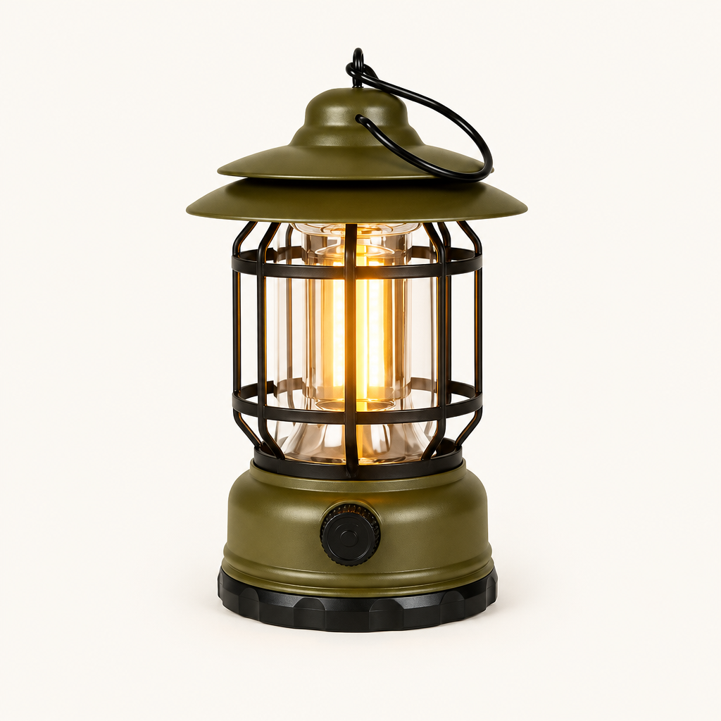 Retro Glow vintage LED lantern in Army Green, switched on with a warm glow