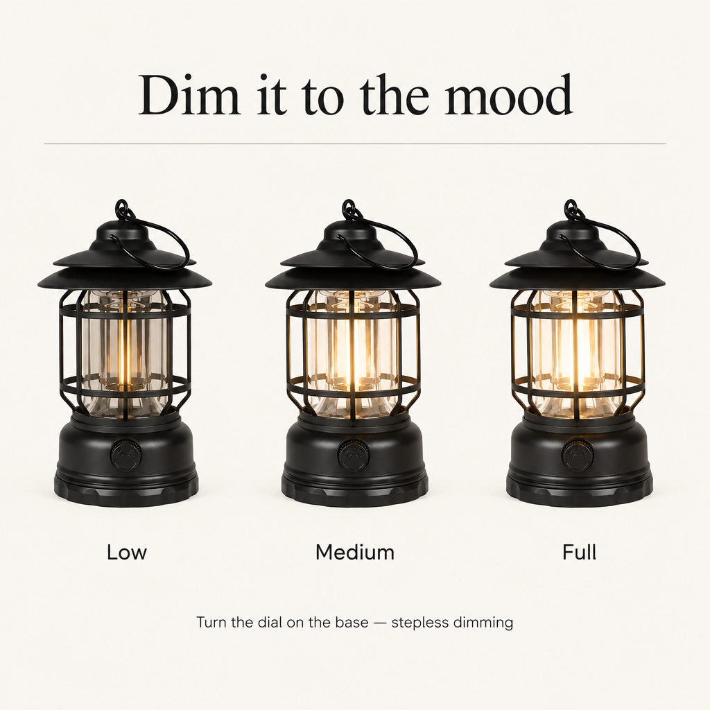 Stepless dimming shown at low, medium and full brightness