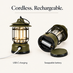 USB-C charging port and swappable rechargeable battery under the base cover