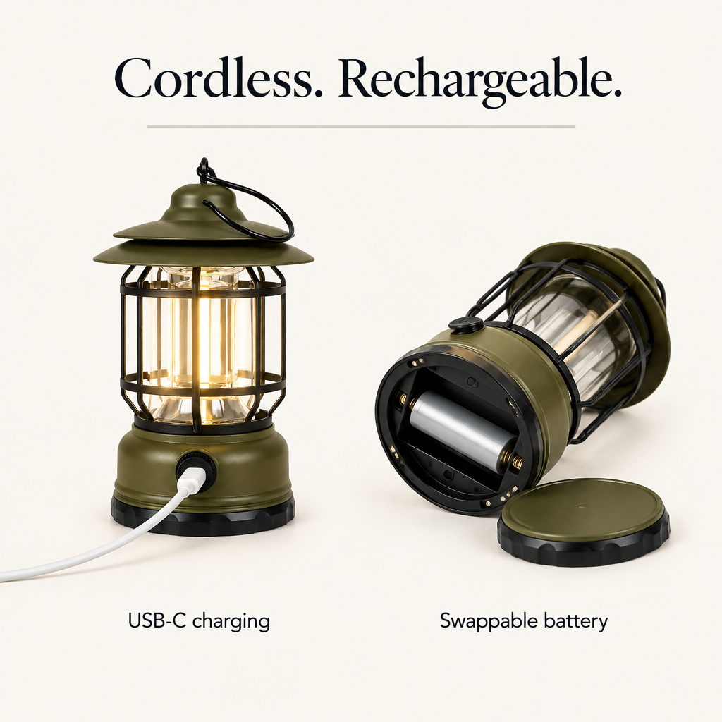 USB-C charging port and swappable rechargeable battery under the base cover
