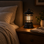 Vintage lantern dimmed as a night light on a bedside table beside an open book