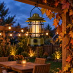Army Green vintage lantern hanging from a garden pergola at dusk
