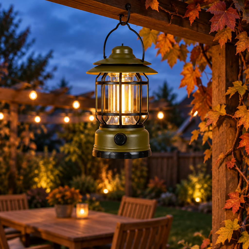 Army Green vintage lantern hanging from a garden pergola at dusk