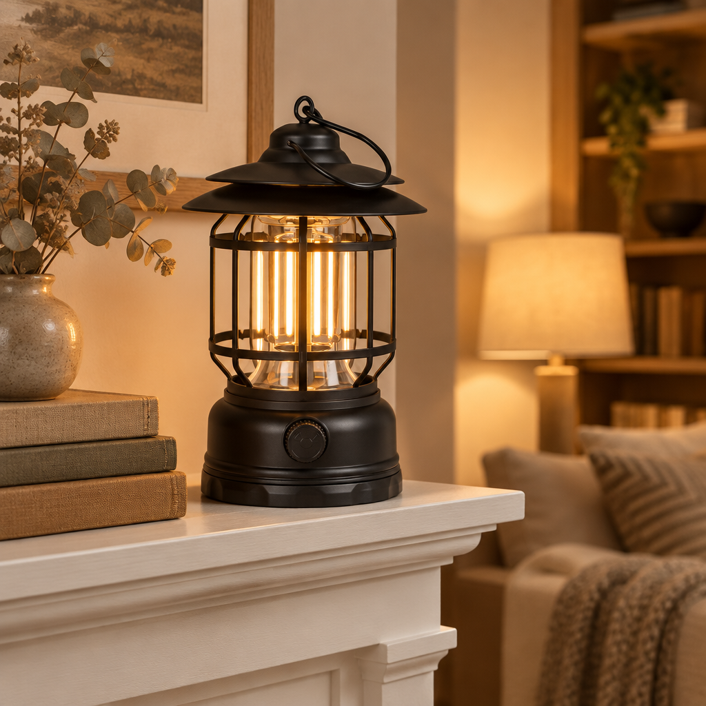 Matte Black vintage lantern glowing on a white fireplace mantel beside books and eucalyptus
