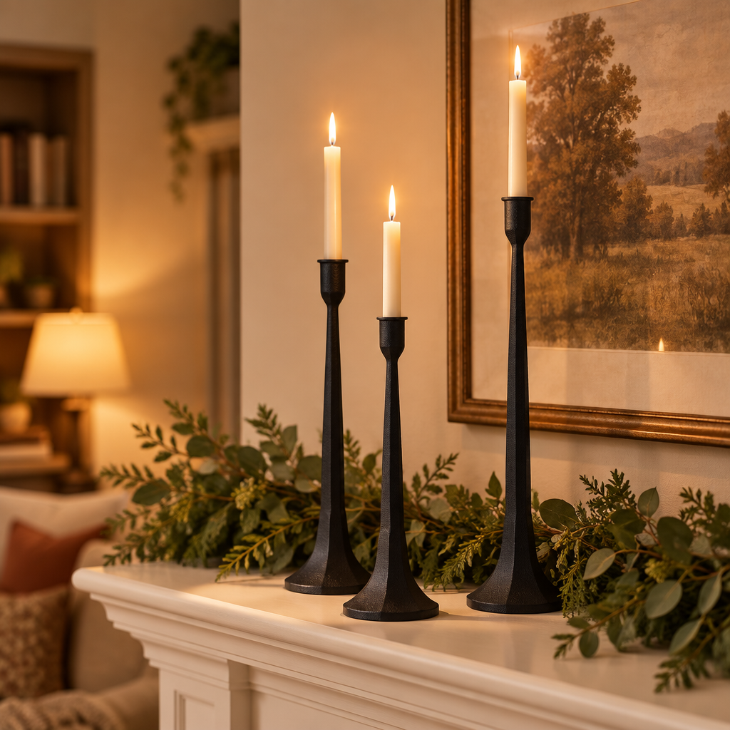 Three black iron candlesticks with lit tapers on a white fireplace mantel with greenery
