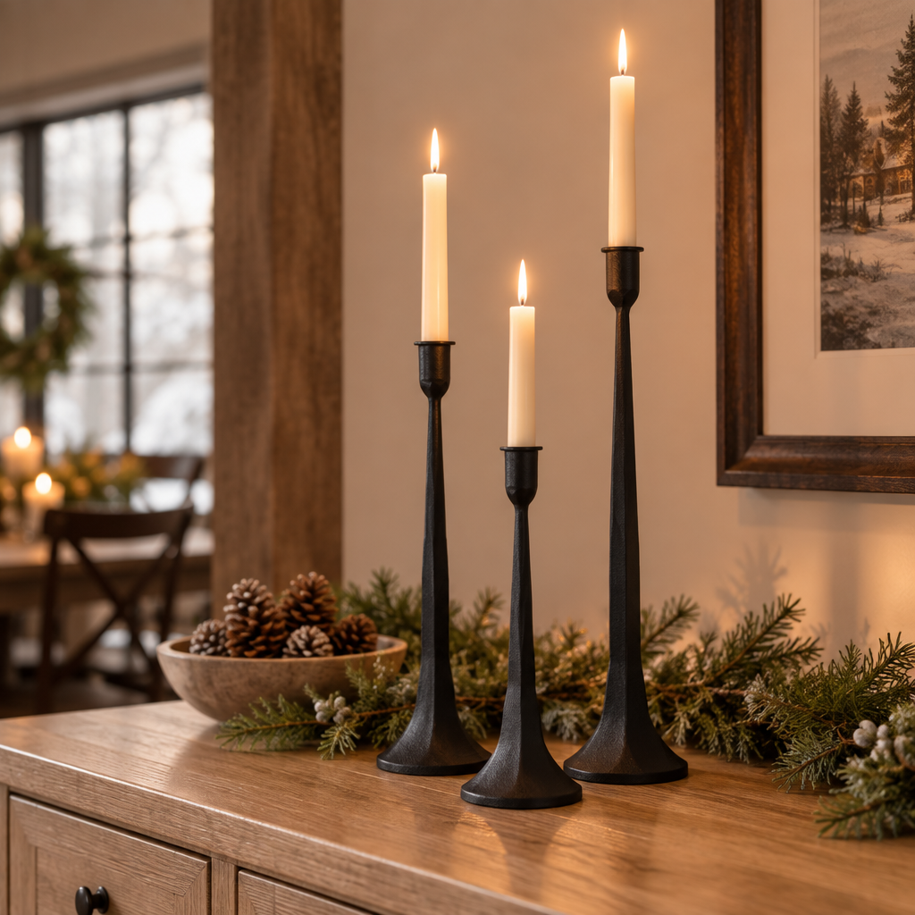 Iron taper candlesticks with lit candles on an oak dining sideboard with pine cones and winter greenery