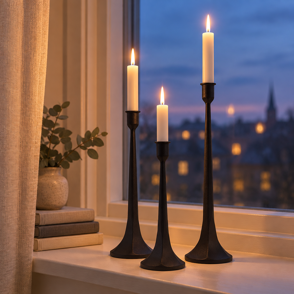 Three black iron candlesticks with lit tapers on a windowsill at dusk