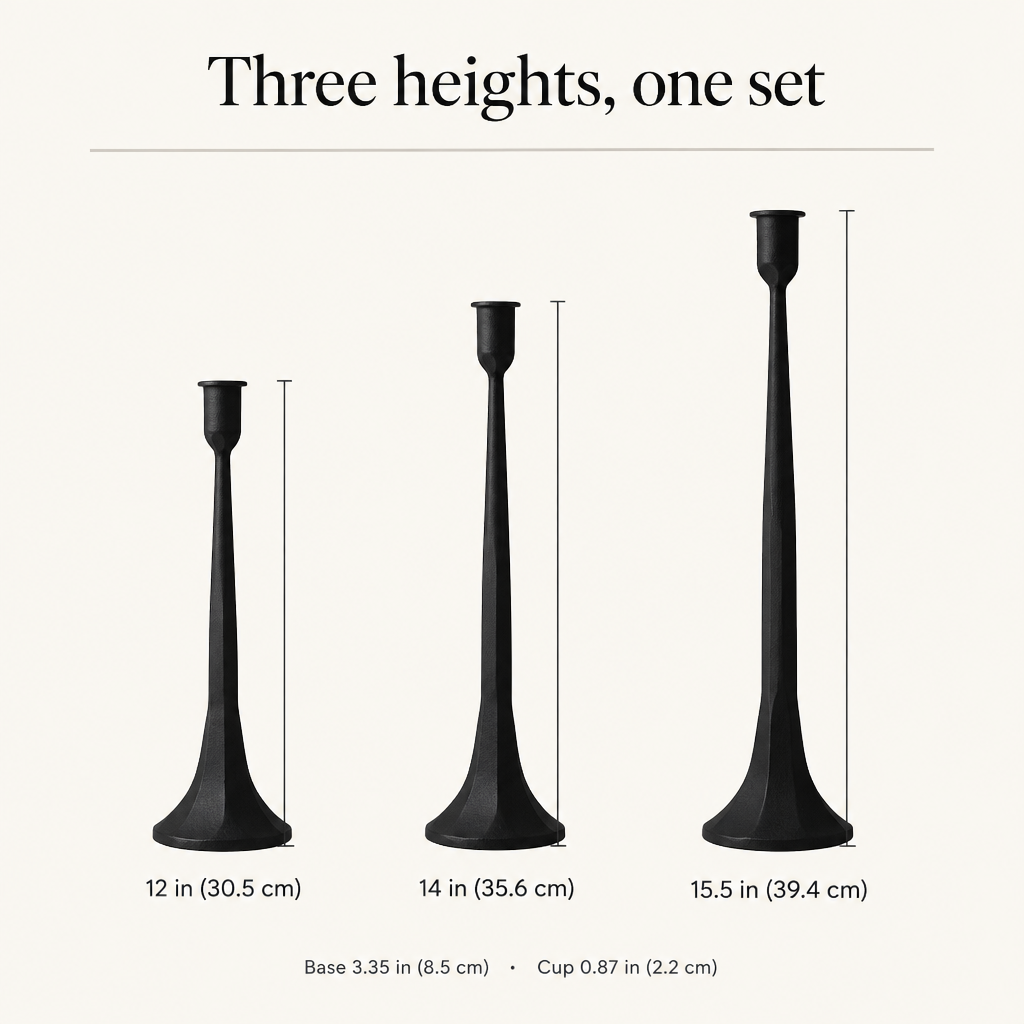 Dimensions: iron candle holders 12 in, 14 in and 15.5 in tall, base 3.35 in, cup 0.87 in