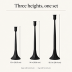 Dimensions: iron candle holders 12 in, 14 in and 15.5 in tall, base 3.35 in, cup 0.87 in