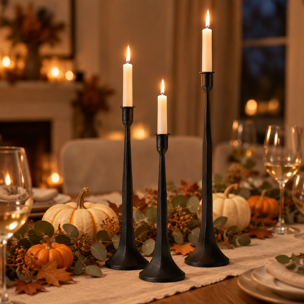 Black iron taper candle holders as a Thanksgiving table centrepiece with pumpkins and eucalyptus