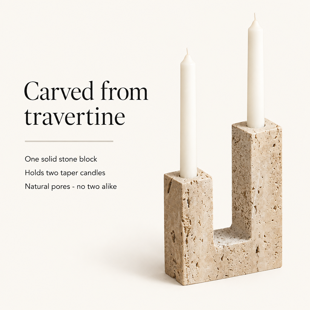 Carved from one solid travertine block, holds two taper candles, natural pores so no two are alike