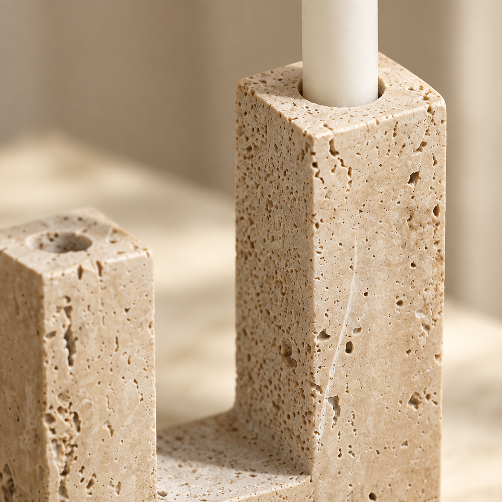 Close-up of natural travertine pores and the taper candle holes on the sculpted holder