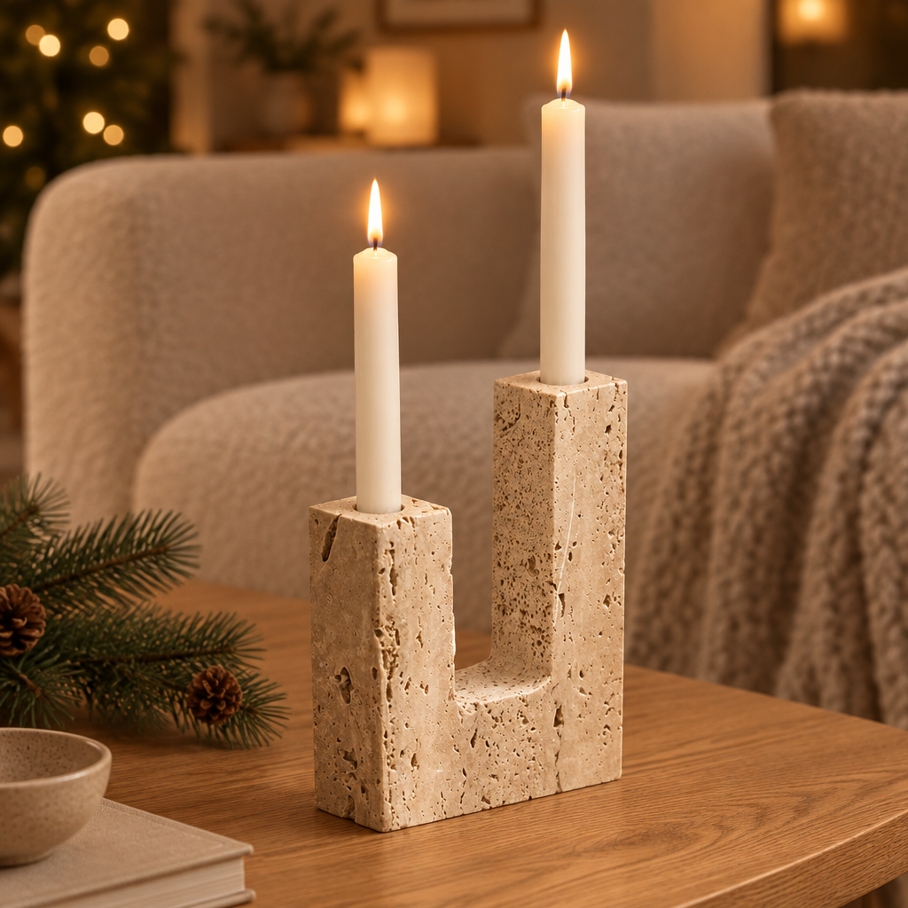 Travertine double candle holder on a coffee table in a cosy living room on a winter evening
