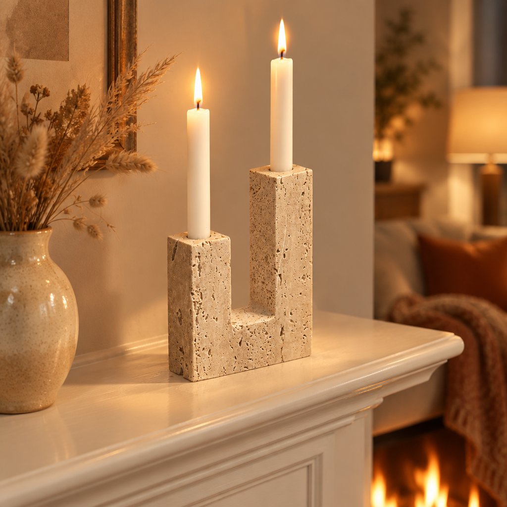 Travertine taper candle holder lit on a white fireplace mantel in an autumn living room