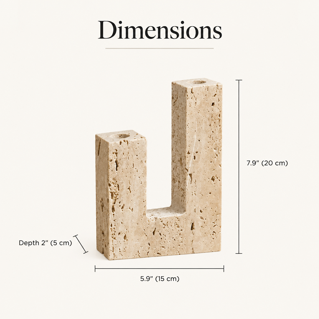 Dual travertine candle holder dimensions: 7.9 in (20 cm) high, 5.9 in (15 cm) wide, 2 in (5 cm) deep