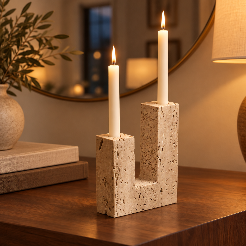 Travertine sculpted candle holder with lit tapers on a walnut entryway console table at dusk