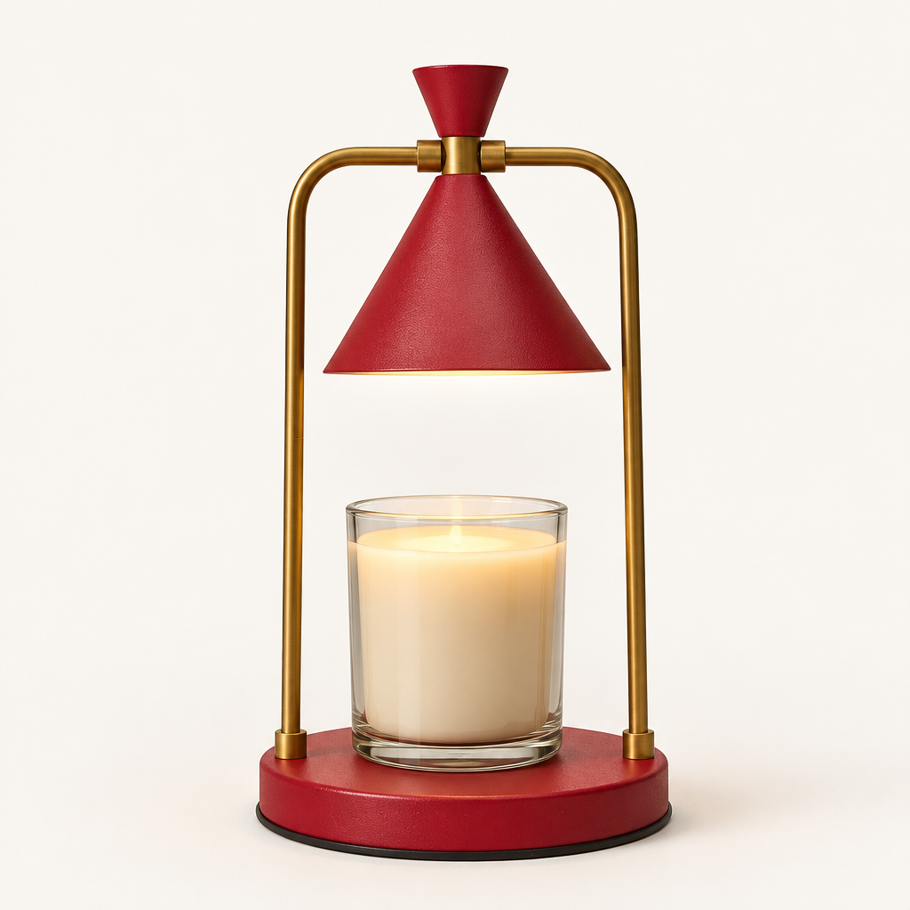 Melté candle warmer lamp in Crimson Bronze, red cone shade and base with brass frame