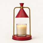 Melté candle warmer lamp in Crimson Bronze, red cone shade and base with brass frame