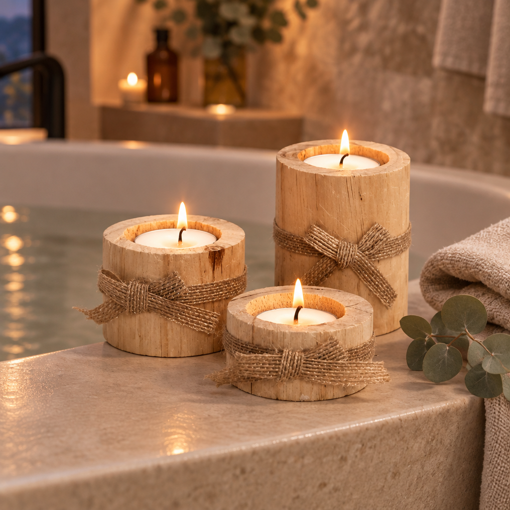 Wood tealight holders lit on a bathtub ledge in the evening