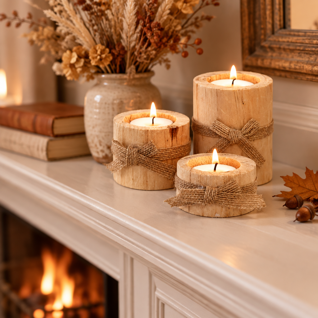 Wood tealight holder set lit on an autumn fireplace mantel