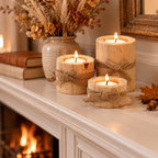 Wood tealight holder set lit on an autumn fireplace mantel