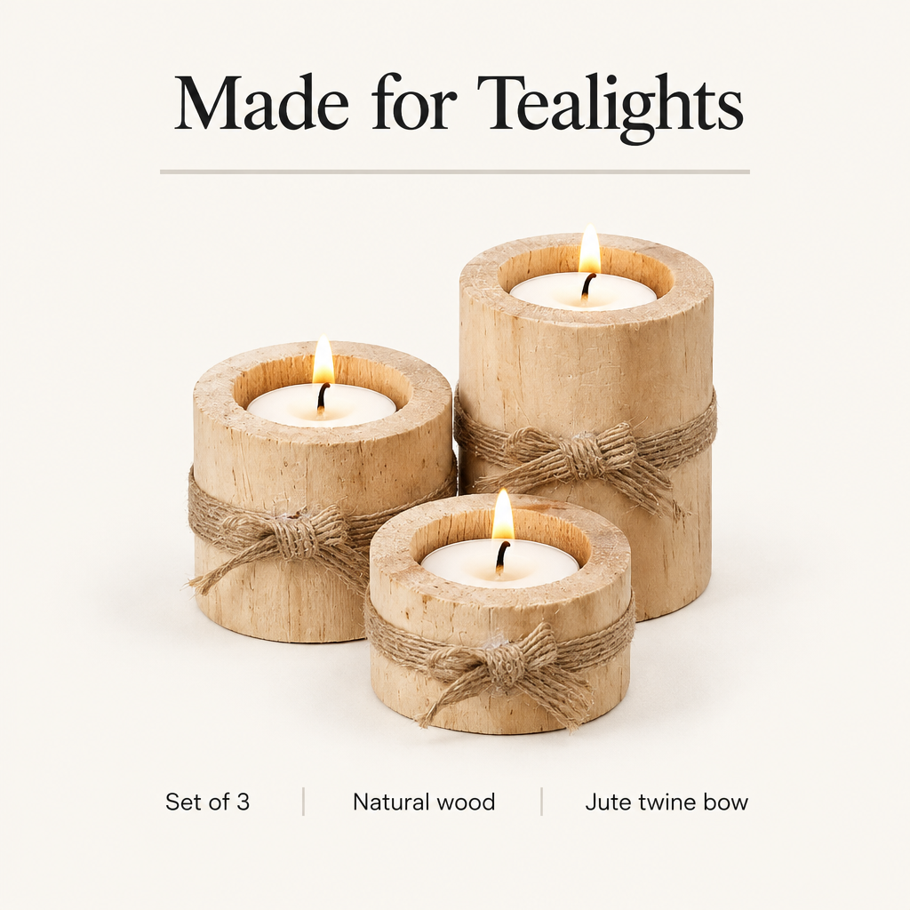 Bamboo Essence set of 3 wood tealight holders with jute twine bows