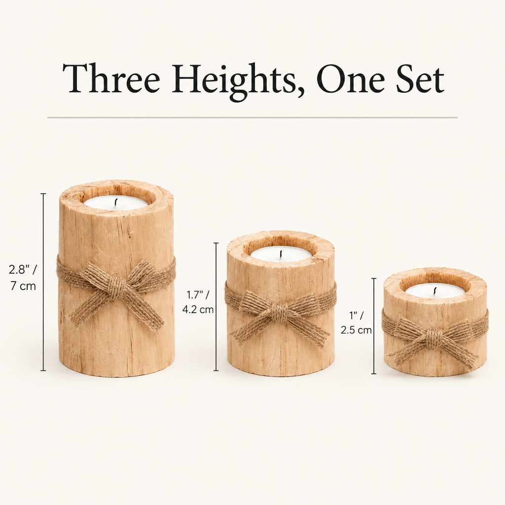 Bamboo Essence tealight holder heights: 2.8 in, 1.7 in and 1 in