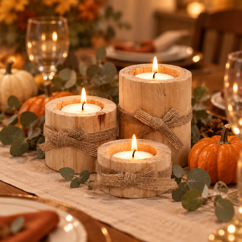 Three wood tealight holders as a Thanksgiving table centrepiece with pumpkins and eucalyptus