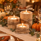 Three wood tealight holders as a Thanksgiving table centrepiece with pumpkins and eucalyptus