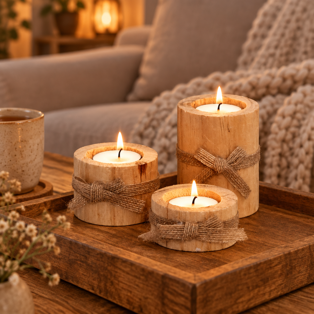 Wood tealight holders on a tray on a cosy living room coffee table
