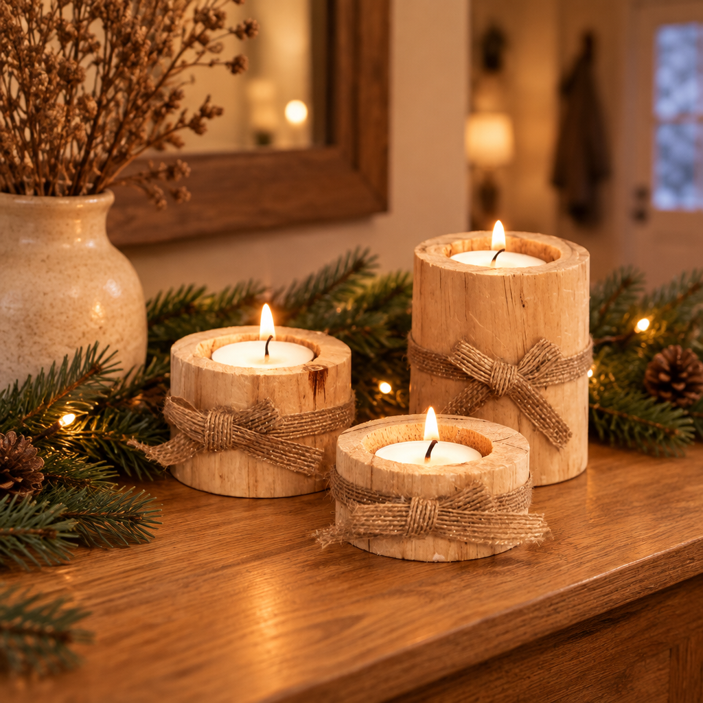 Wood tealight holders with pine garland on an entryway console table in December