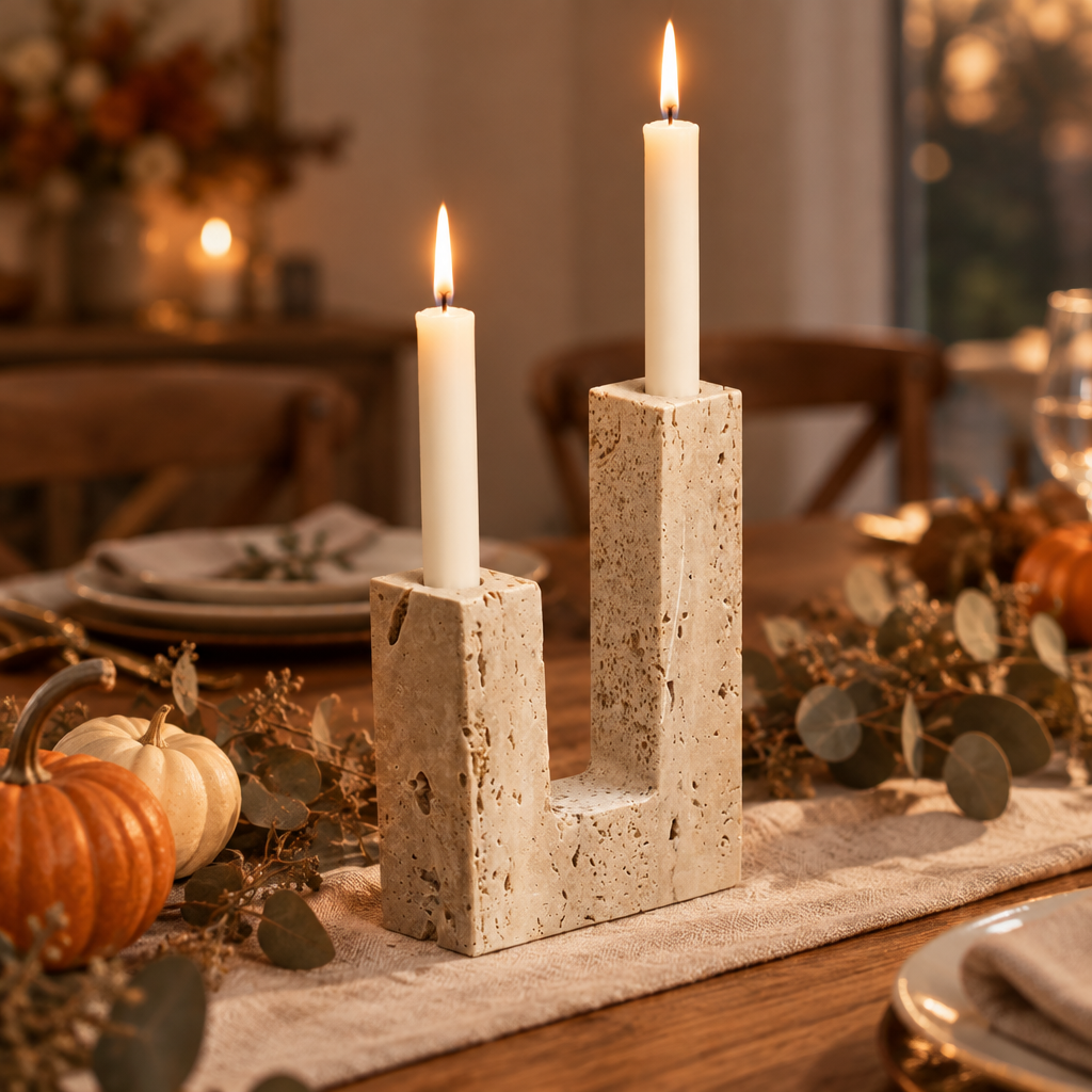 Travertine double taper candle holder as a Thanksgiving dinner table centrepiece with pumpkins and eucalyptus