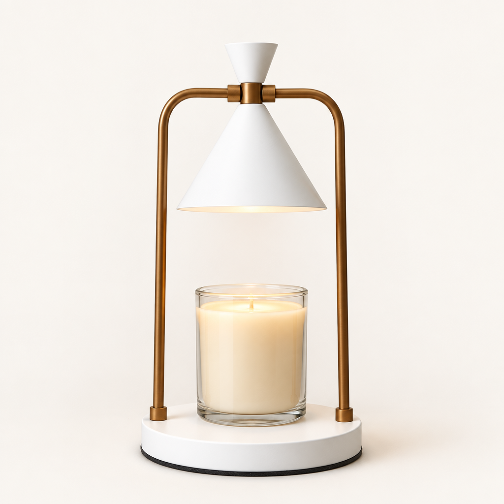 Melté candle warmer lamp in Ivory Gold, white cone shade and base with brass frame