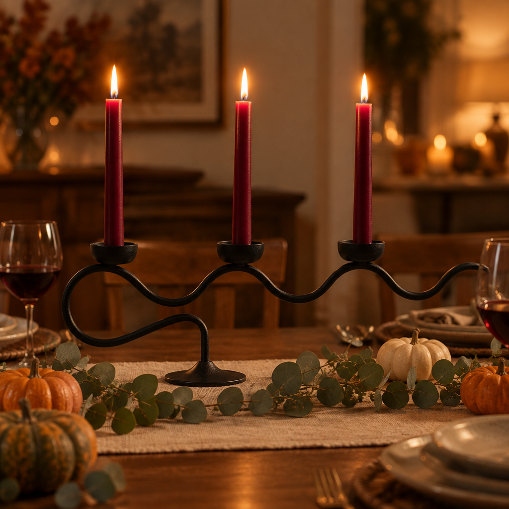 Black Swirl wavy taper candelabra as a Thanksgiving dinner table centrepiece with burgundy candles