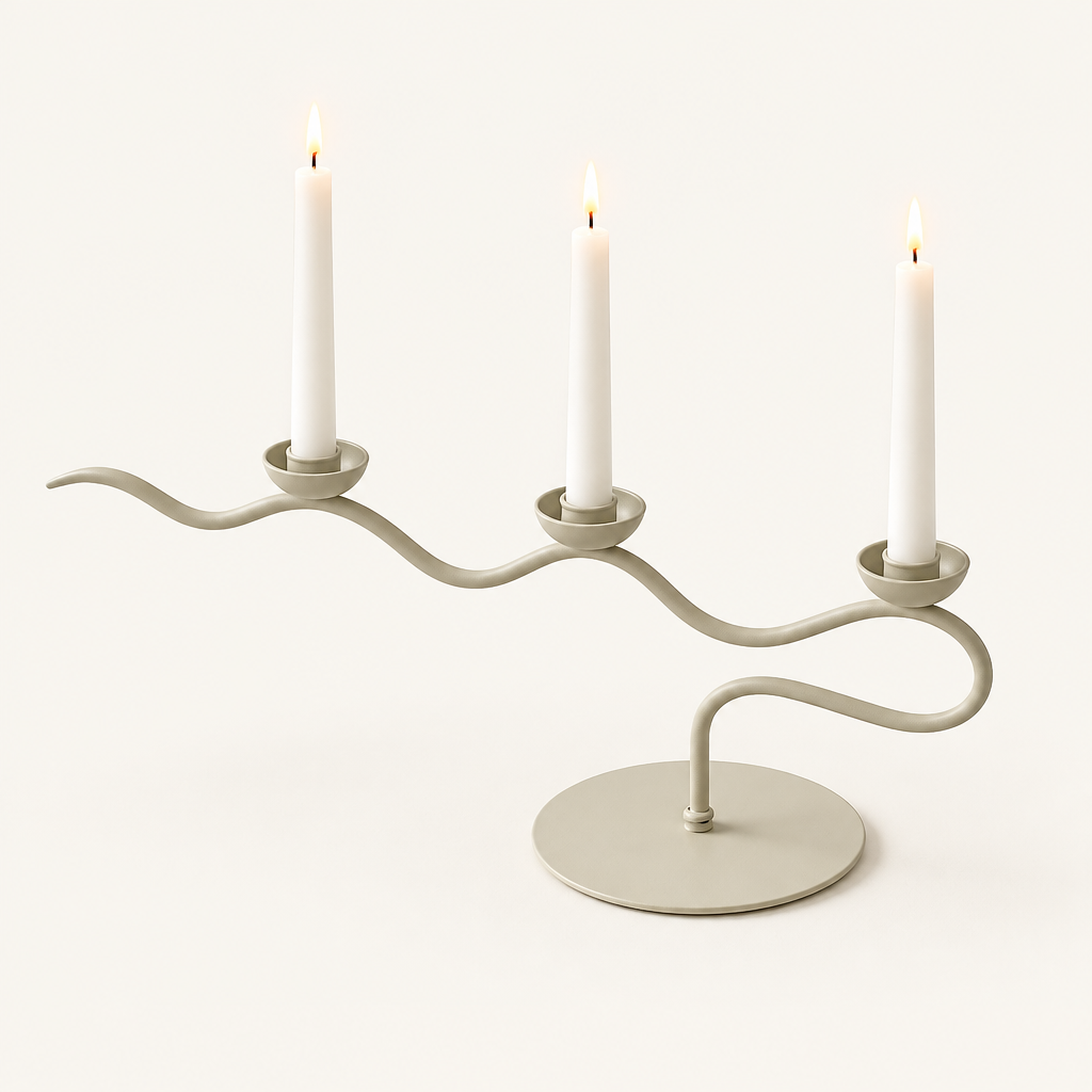 Tri Iron Twisted Candle Holder in Cream Waves with three lit white taper candles