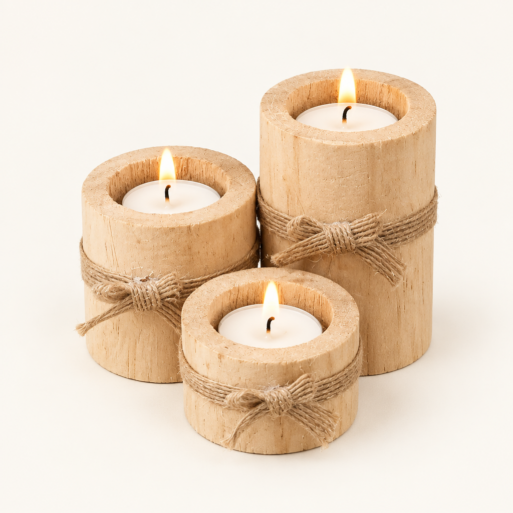 Bamboo Essence set of 3 natural wood tealight holders with jute bows, lit, on off-white background