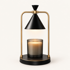 Melté candle warmer lamp in Onyx Brass, black cone shade and base with brass frame