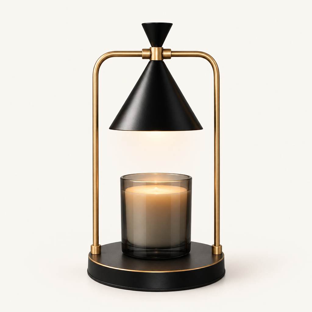 Melté candle warmer lamp in Onyx Brass, black cone shade and base with brass frame