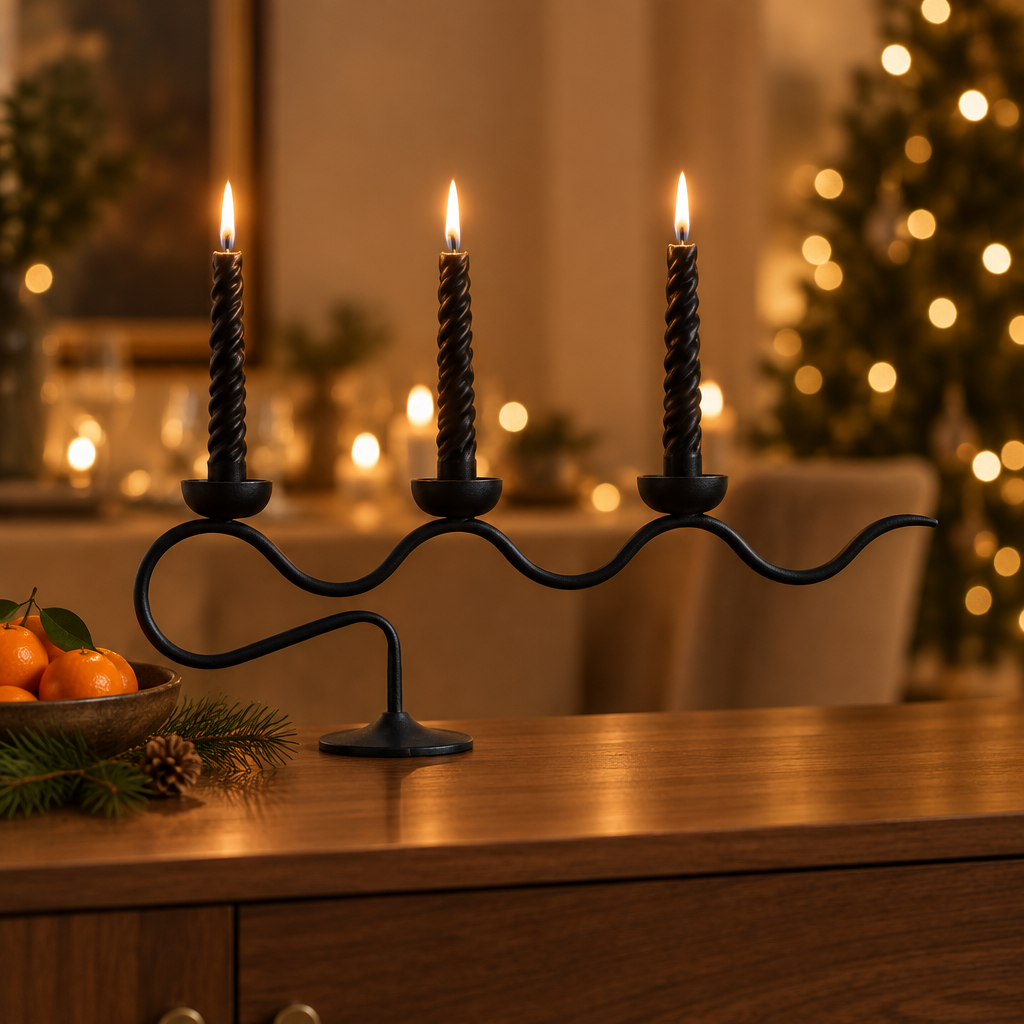 Black Swirl wavy taper candelabra with twisted black candles on a dining sideboard at Christmas